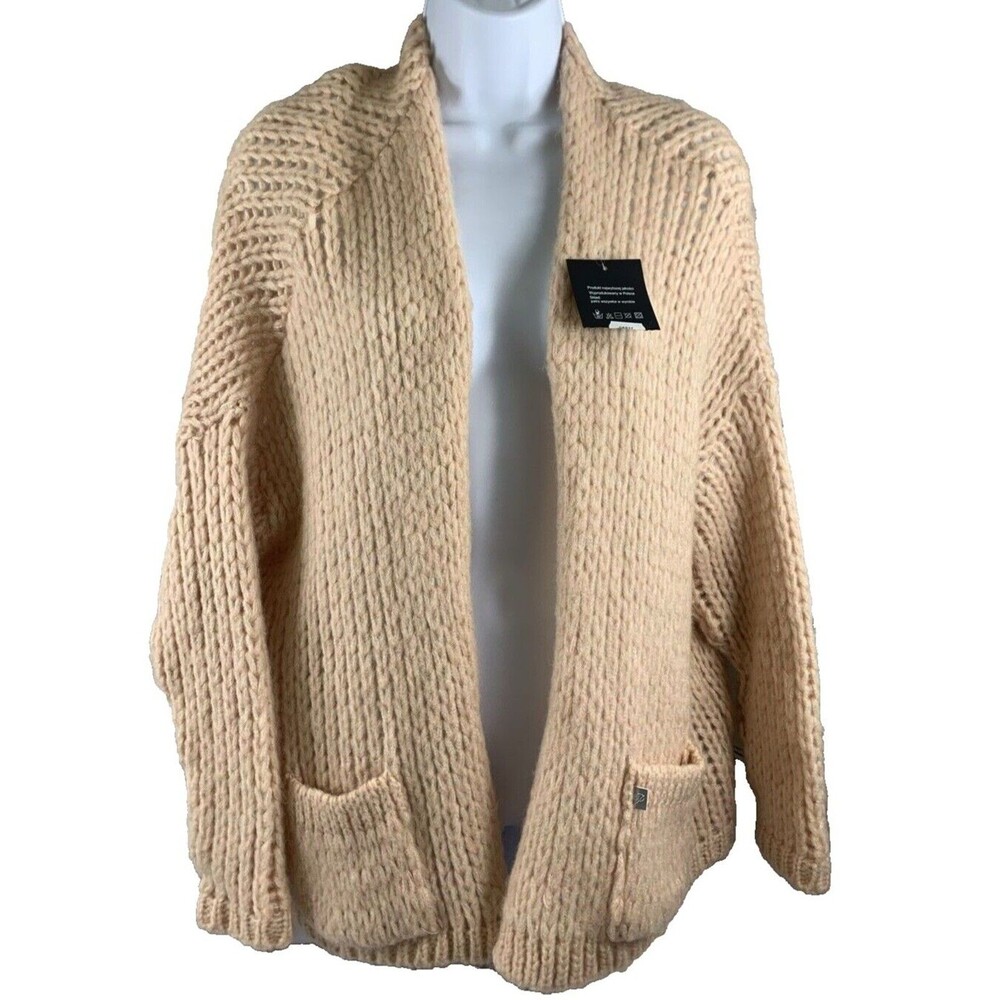 Pola Women's OS Knit Cardigan Pink Luxury Mohair Wool Blend Open Front Pockets